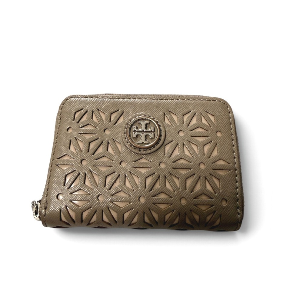 Tory Burch Saffiano Leather Zip Around Wallet Taupe Boho Laser Cut